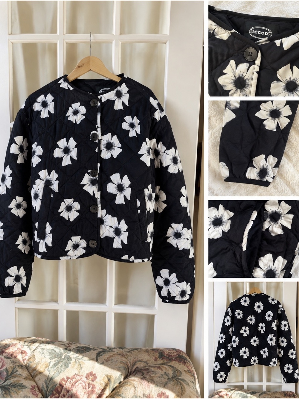 Black & White Floral Quilted Jacket – Lightweight Cropped Button-Up Coat small